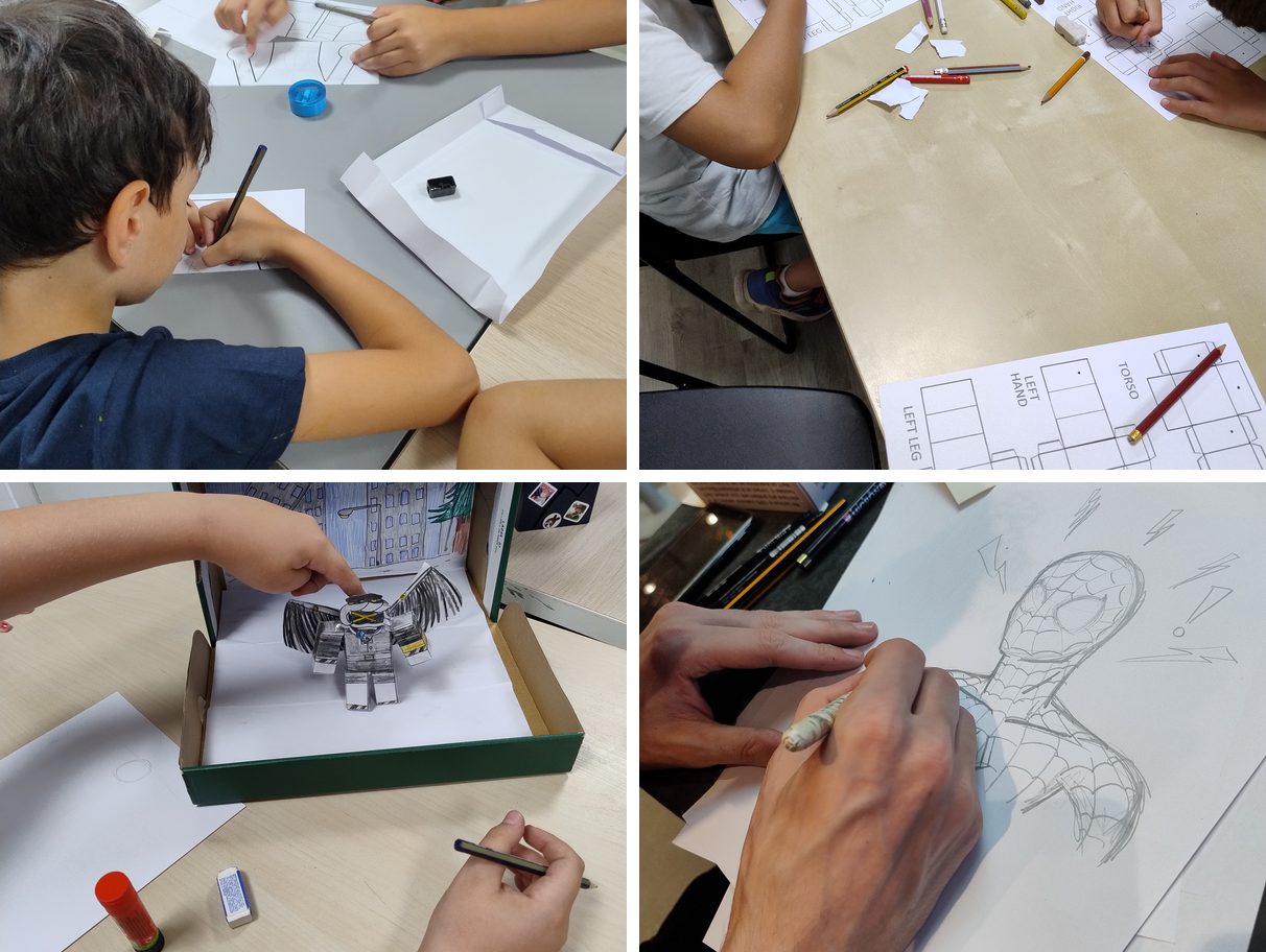 Aula Grafite: ragazzi che disegnano, schede di esercizio, disegno dal vero e inchiostrazione