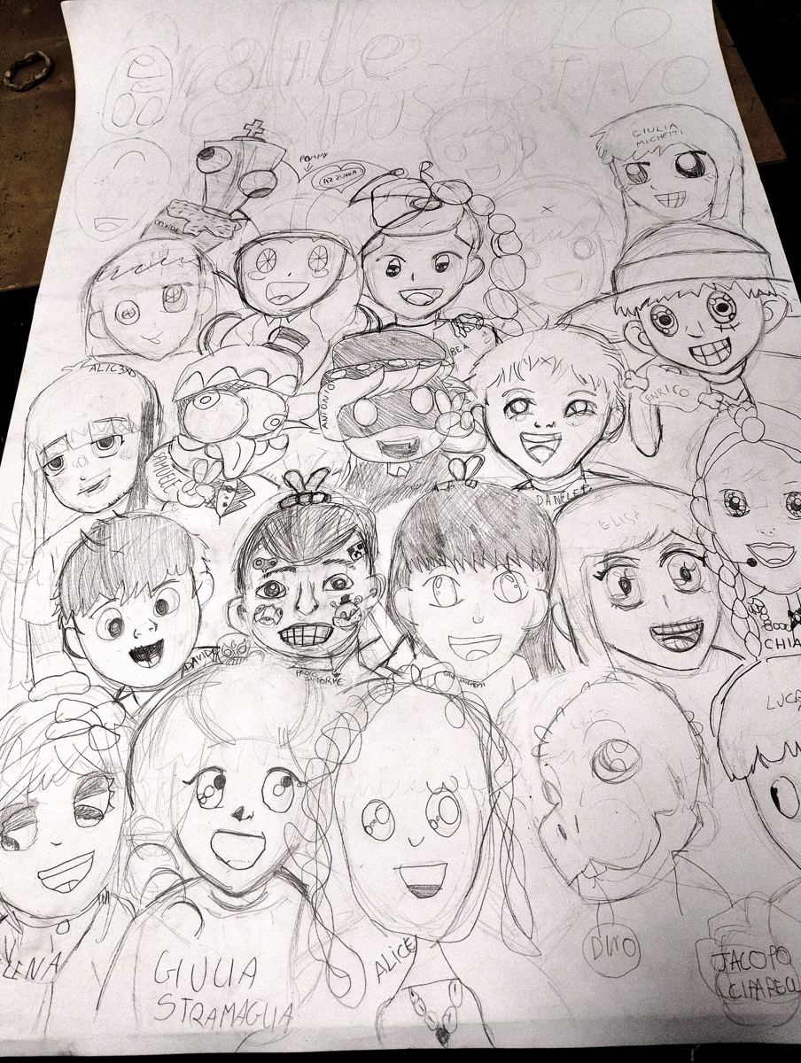 Tavola a matita con personaggi manga disegnati dagli allievi Grafite